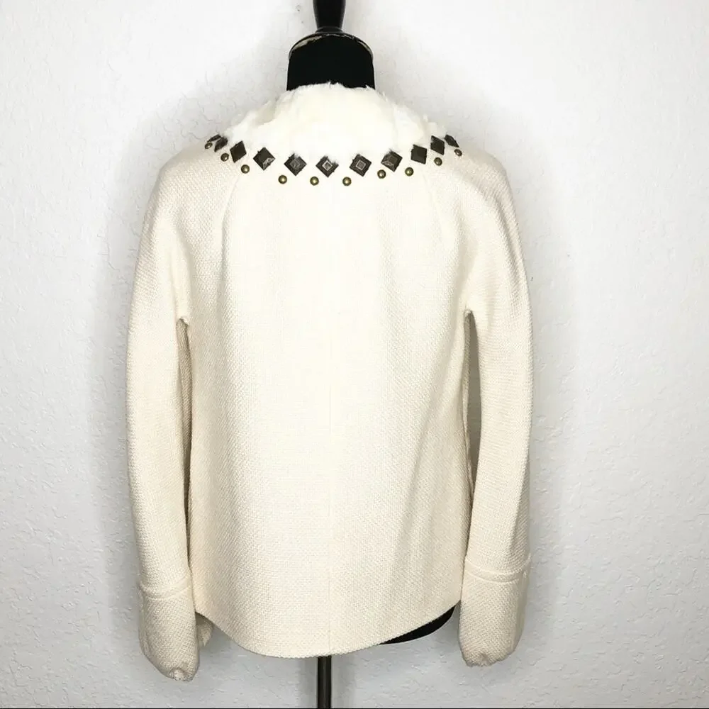 Rebecca Taylor cream tweed fur studded collar wool blend blazer size 6